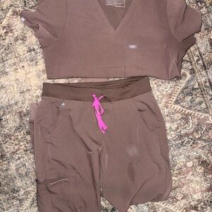 Brown Scrub Set with Pink Accent